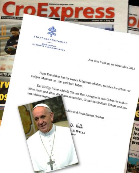Papa Franjo podupire rad CroExpressa, mjesečnika za iseljene Hrvate