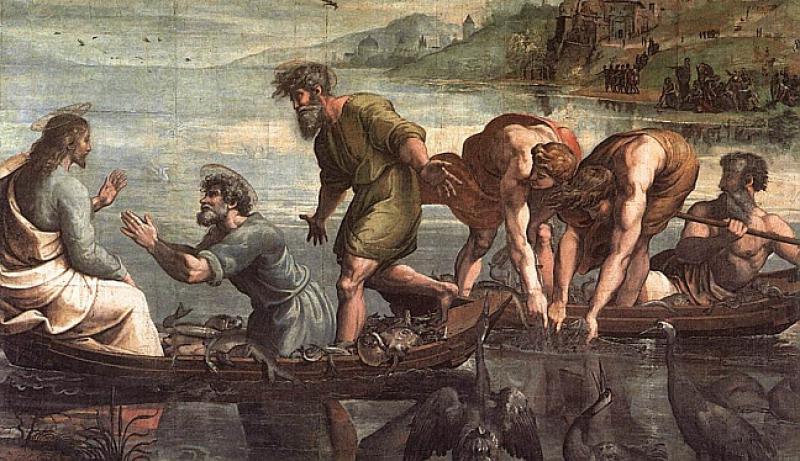 Isus istupi, uzme kruh i dade im, a tako i ribu