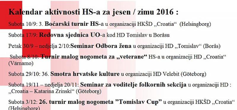 Kalendar aktivnosti Saveza hrvatskih društava u Švedskoj (jesen/zima 2016.)