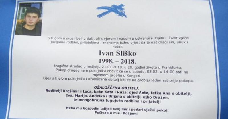 Pokop Ivana Sliška u subotu u 14 sati u Kongori