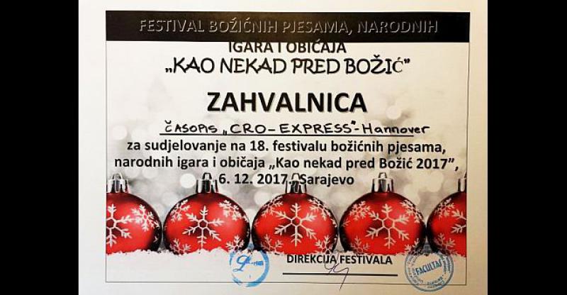 NEMA NA ČEMU CroExpressu zahvalnica festivala 'Kao nekad pred Božić'
