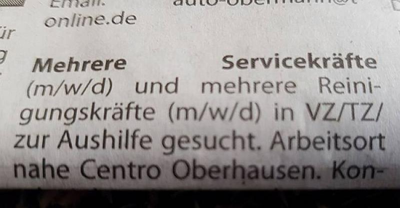 'MODERNI' OGLASI ZA POSAO U NJEMAČKOJ Nedavno se uz kratice za 'muško' i 'žensko' pojavilo i treće slovo