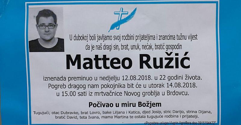 TUGA DO NEBA Danas posljednji ispraćaj Mattea Ružića