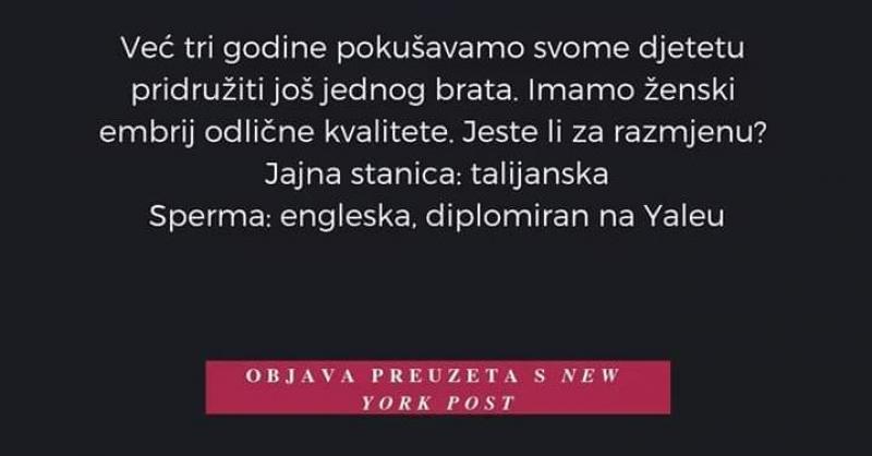 FOTO VIJEST Oglas u kojem se nudi zamjena ženskog embrija za muški