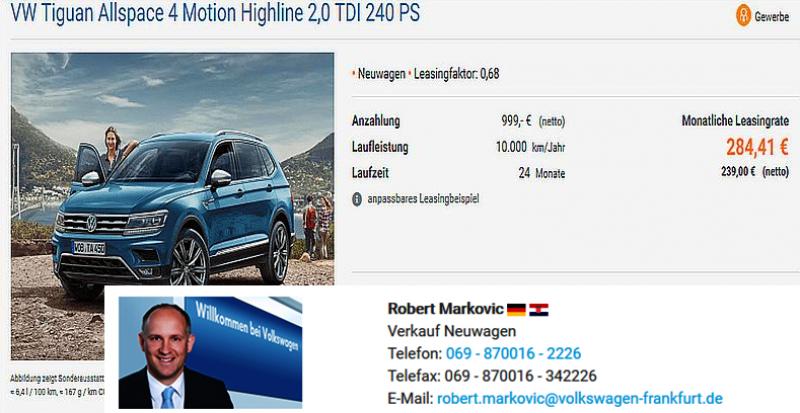 VOLKSWAGEN AKCIJA ODMAH DOSTUPNA SVIM PODUZETNICIMA Već od 239 eura/mjesečno za Tiguan Allspace! Javite se Robertu!