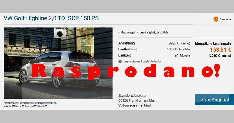 PODUZETNICI, STIGLA NOVA PONUDA ZA SRPANJ VW Golf Highline 2,0 TDI SCR 150 PS uz mjesečnu ratu od 129 eura!