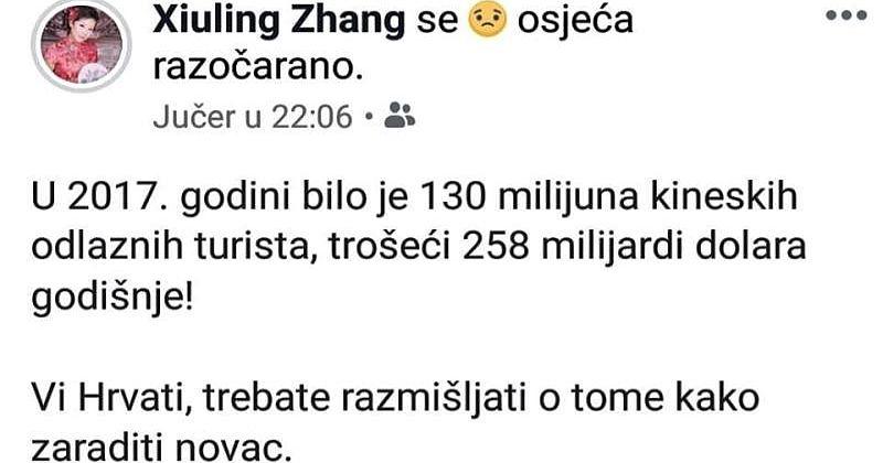 KOMENTAR NA IZJAVU KINESKINJE XIULING ZHANG NA FACEBOOKU 'Vi Hrvati, trebate razmišljati o tome kako zaraditi novac'