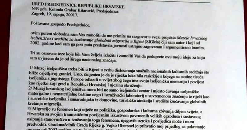 PREDSJEDNICE, ZAR JE TO SVE? TUGA TARLE: Tražili smo potporu za Muzej hrvatskog iseljeništva u Rijeci i nakon tri godine dobili ovaj odgovor