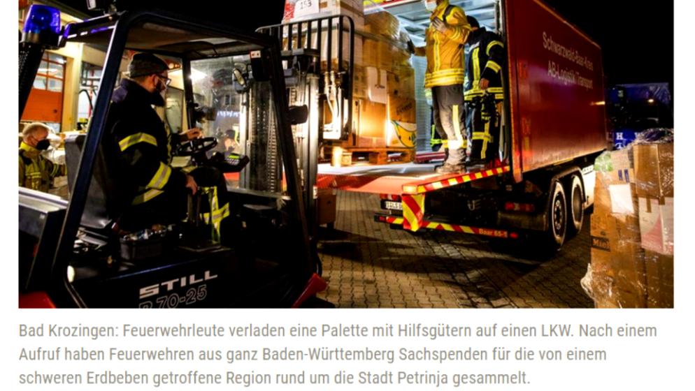 Vatrogasci iz njemačke pokrajine Baden-Württemberg poslali 90 tona opreme i namirnica u Sisak