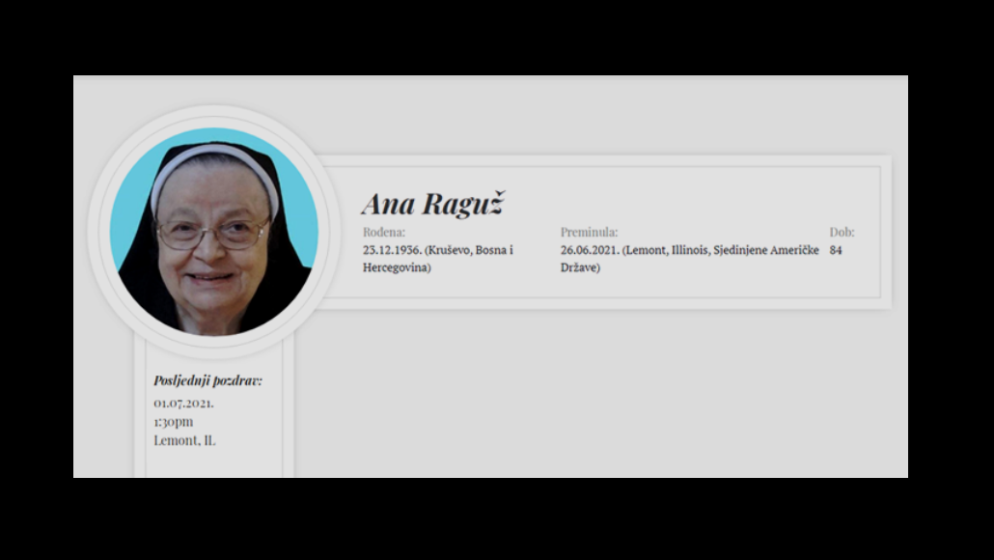 U Sjedinjenim Američkim Državama preminula časna sestra Ana Raguž