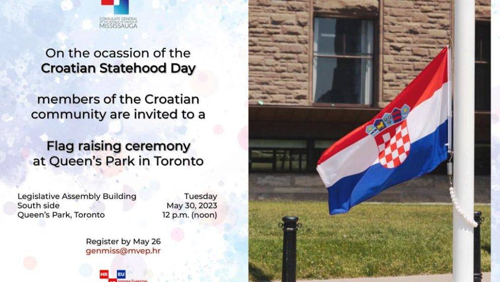 Povodom Dana državnosti Republike Hrvatske, Hrvati u Ontariju pozvani na ceremoniju podizanja hrvatske zastave u Torontu