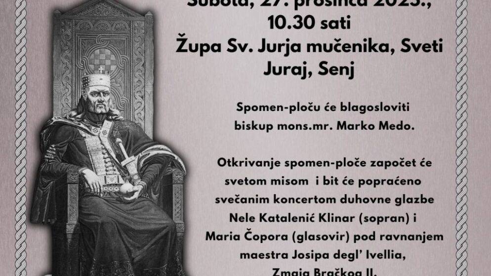 U subotu, 27. prosinca, svečano otkrivanje spomen-ploče u Svetom Jurju povodom 1100. obljetnice Hrvatskoga Kraljevstva